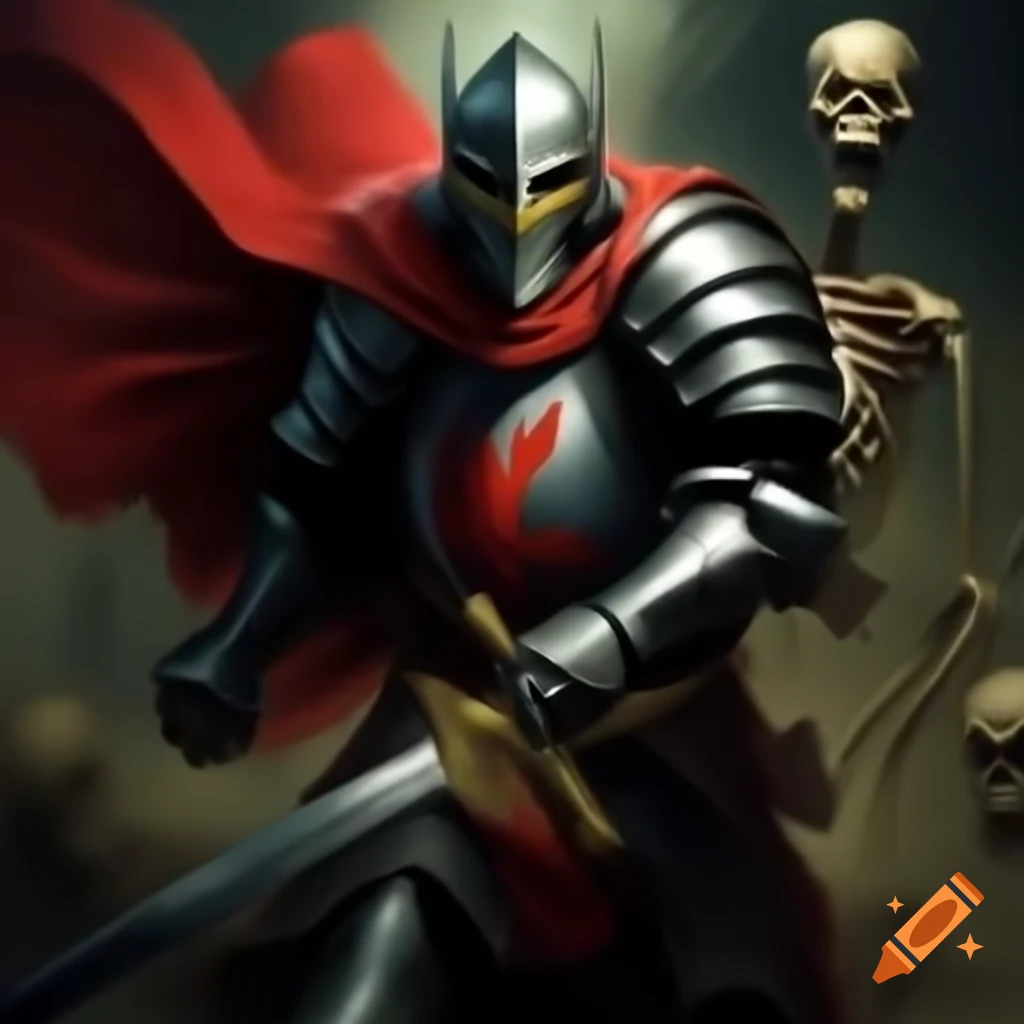 Knight with red cape engaging in battle with skeleton