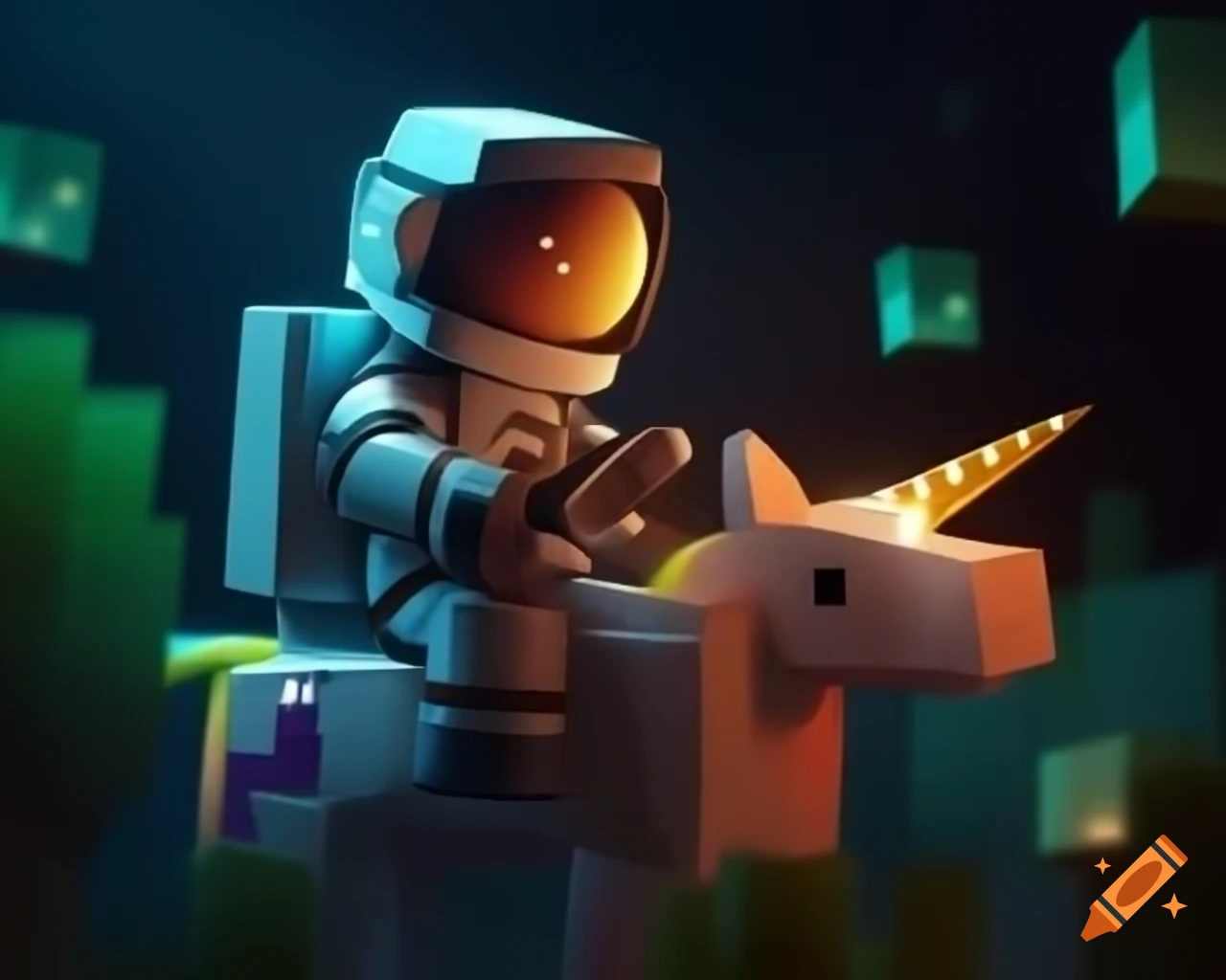 Astronaut riding unicorn in Minecraft with cinematic soft lighting