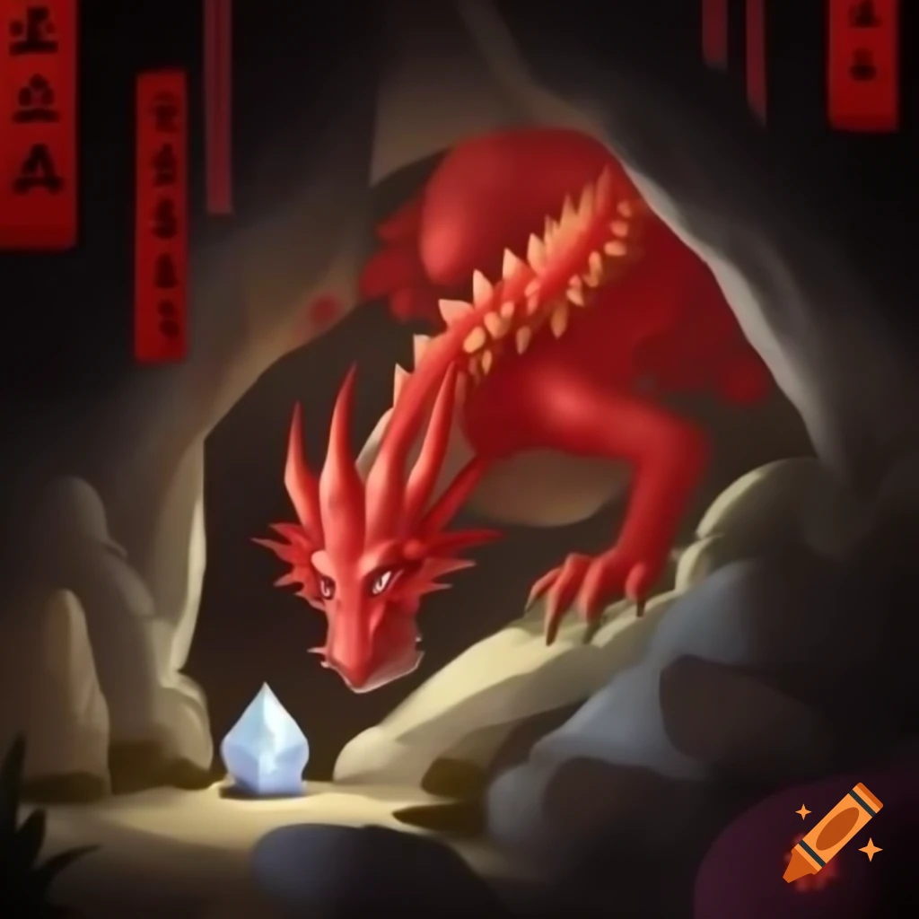 Ancient Japan art depicting red dragon in cave with crystals and gold