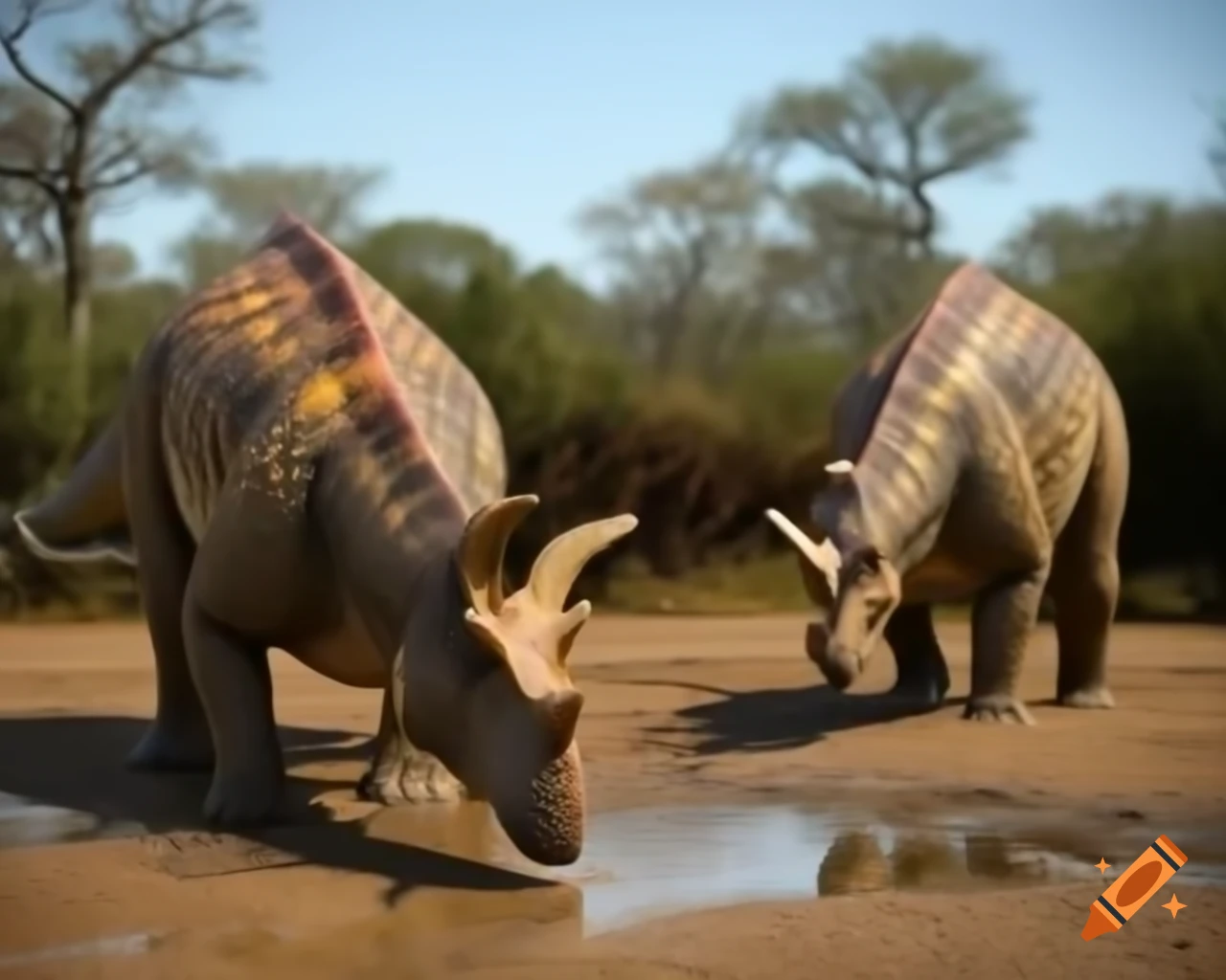 Hadrosaurus dinosaurs drinking in sunny clearing under tree shadow