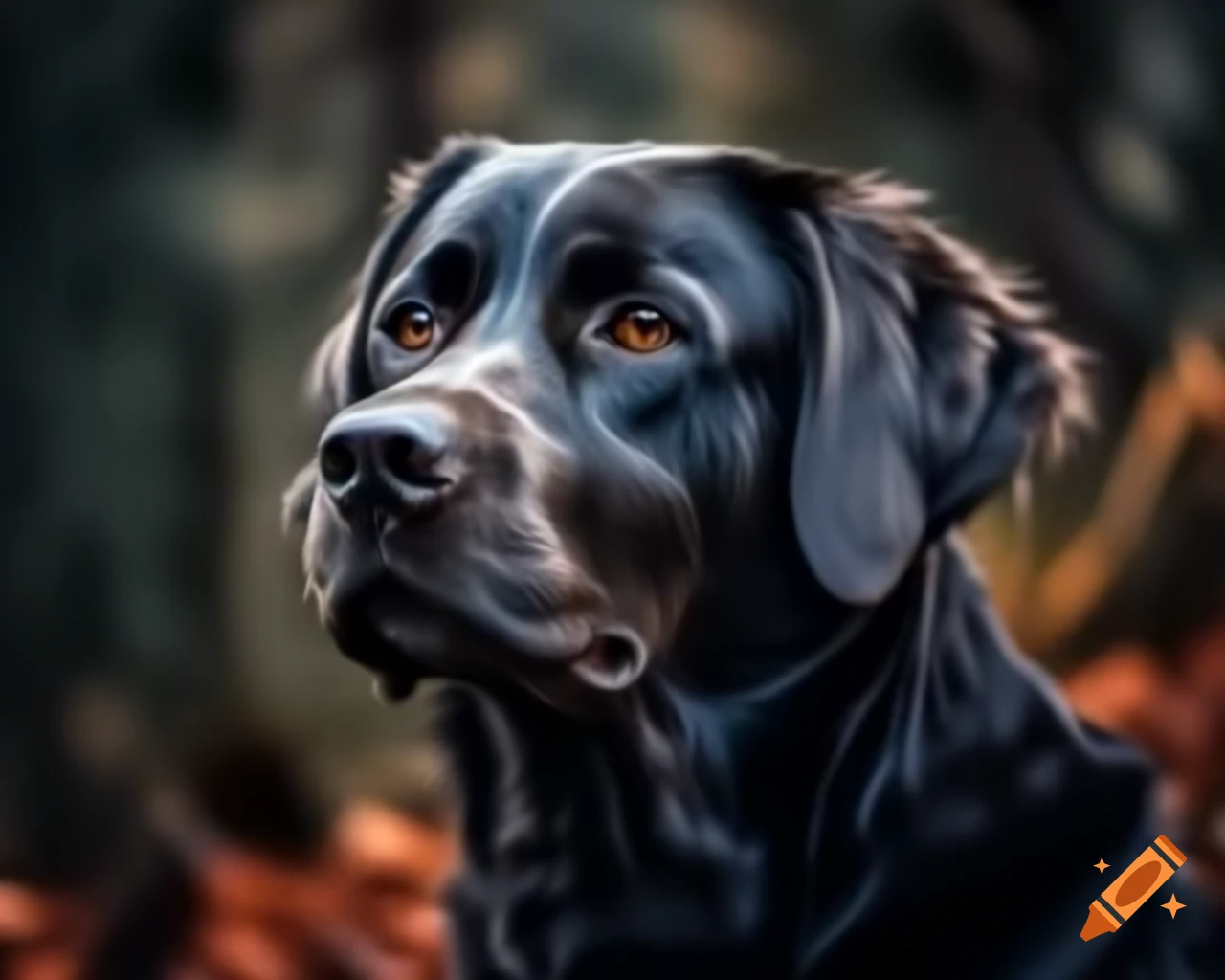 Hyperrealistic black Labrador Retriever in forest with dark brown eyes