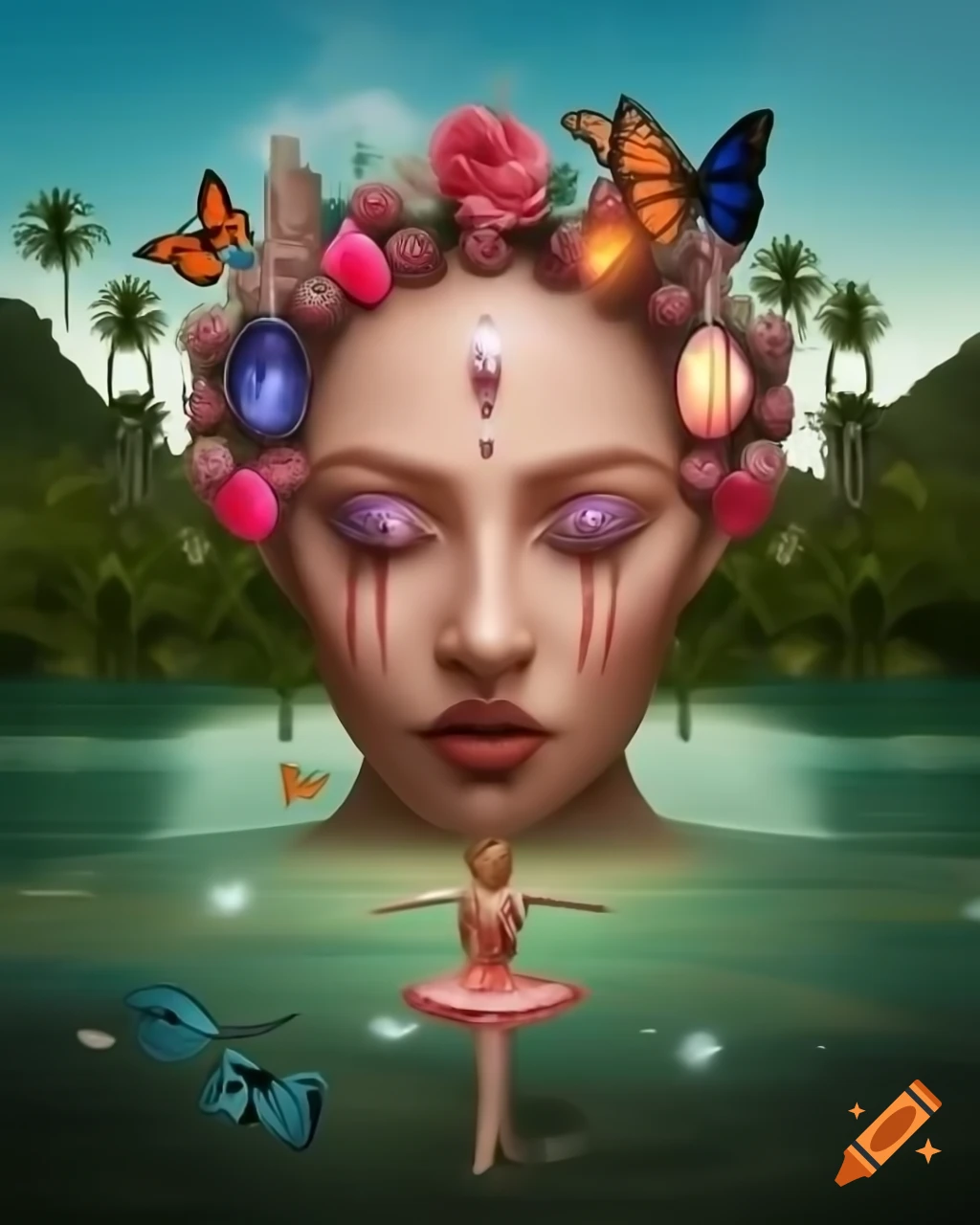 Mystical woman with surreal jeweled wig and freckled face in ancient tales