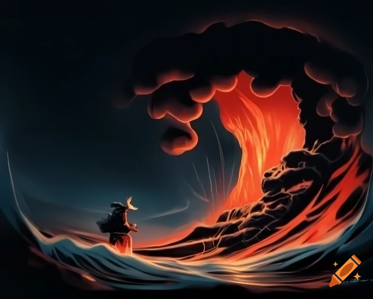 Ukiyo-e style illustration of Gandalf surfing on lava with dramatic anime lighting