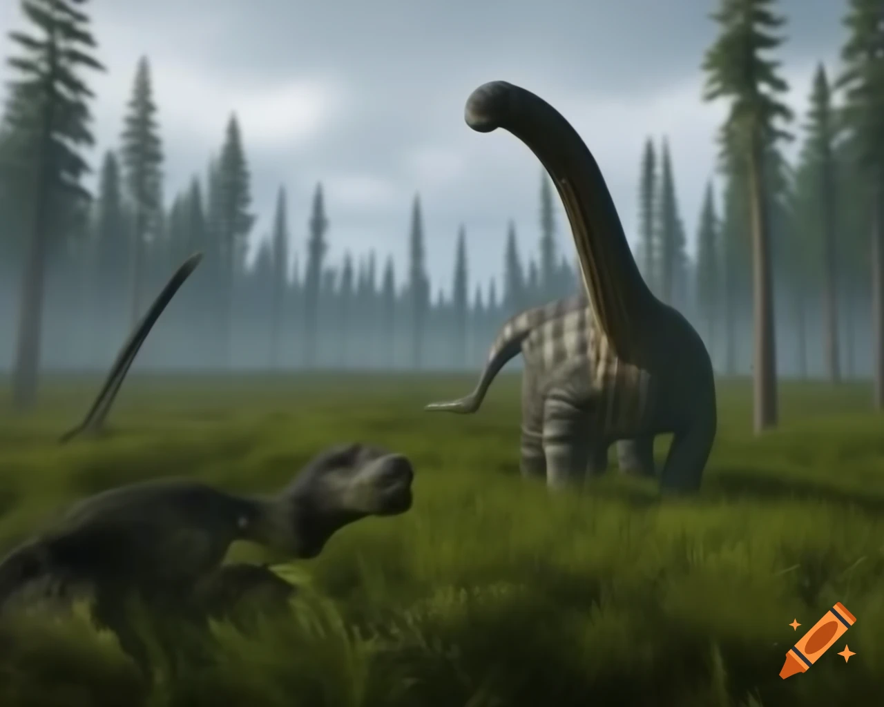 Ankylosaurus in fern prairie with fallen trees and Diplodocus in background, British Columbia