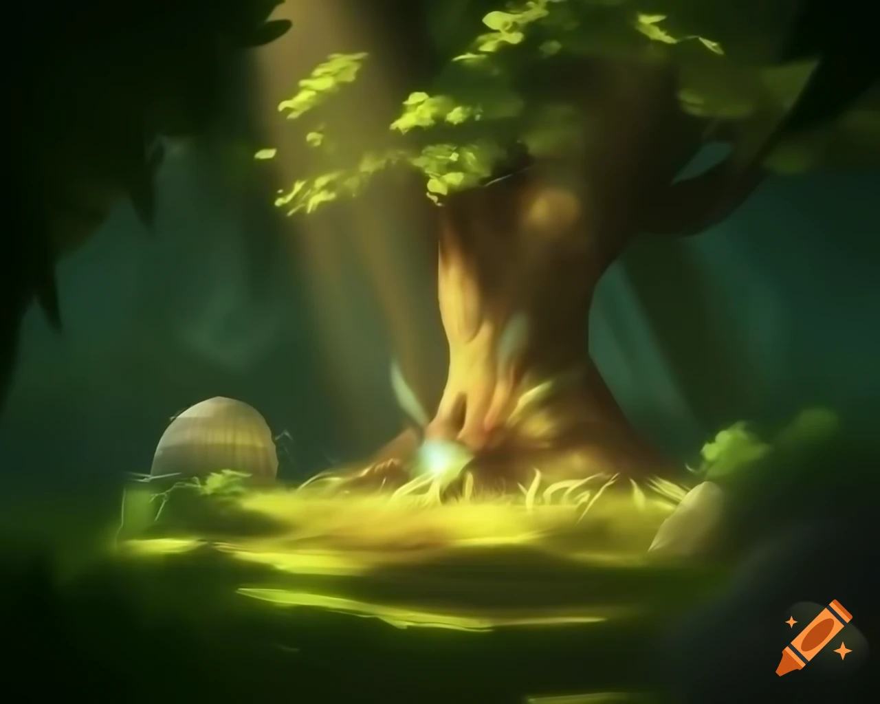 Photorealistic 3D render of a fairy in a forest with natural greens and warm oranges
