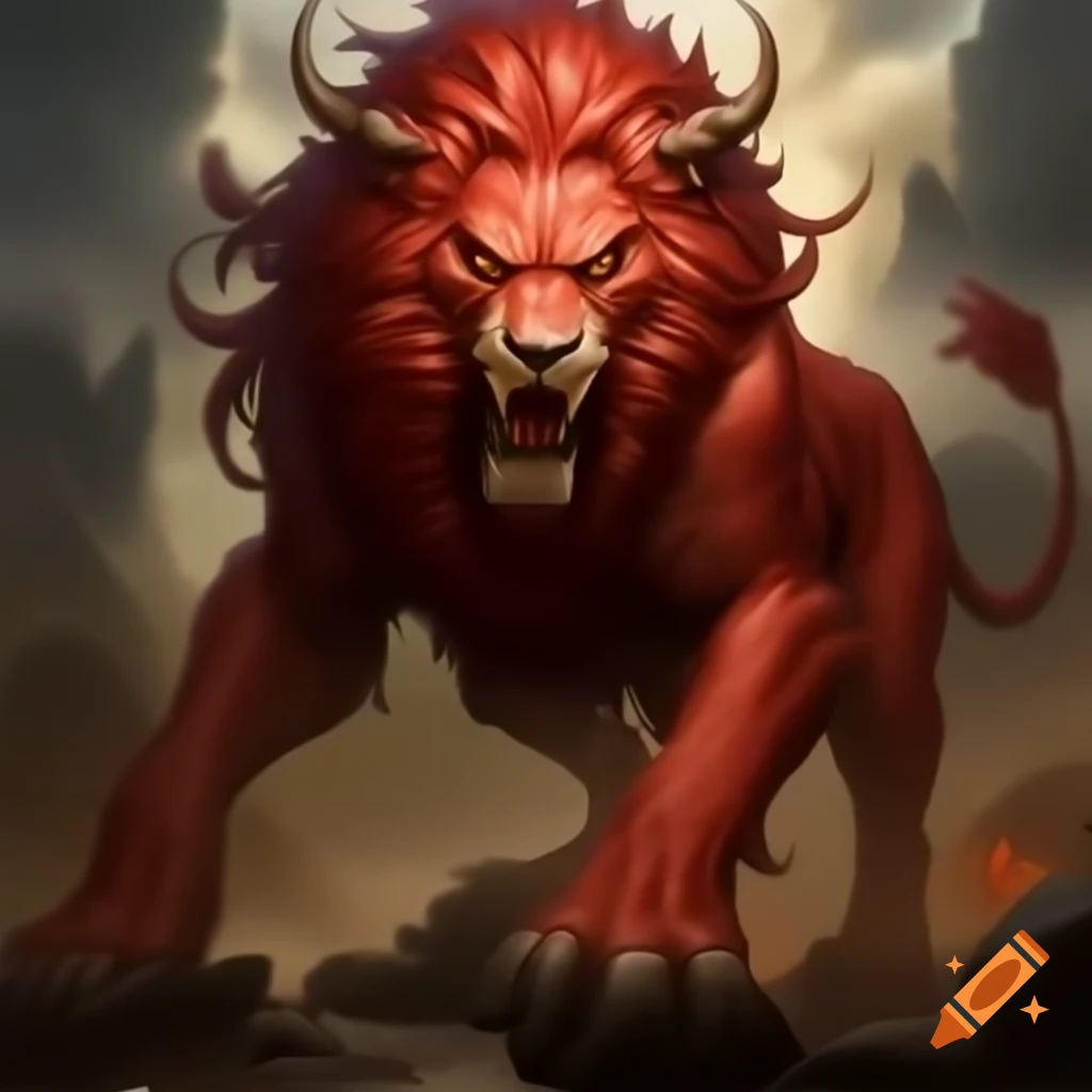 Fiery red horned lion in a fantasy world
