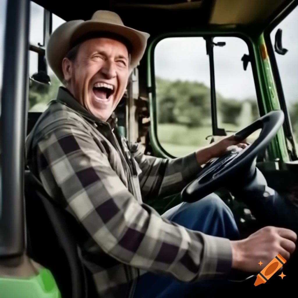 Farmer laughing while driving a tractor