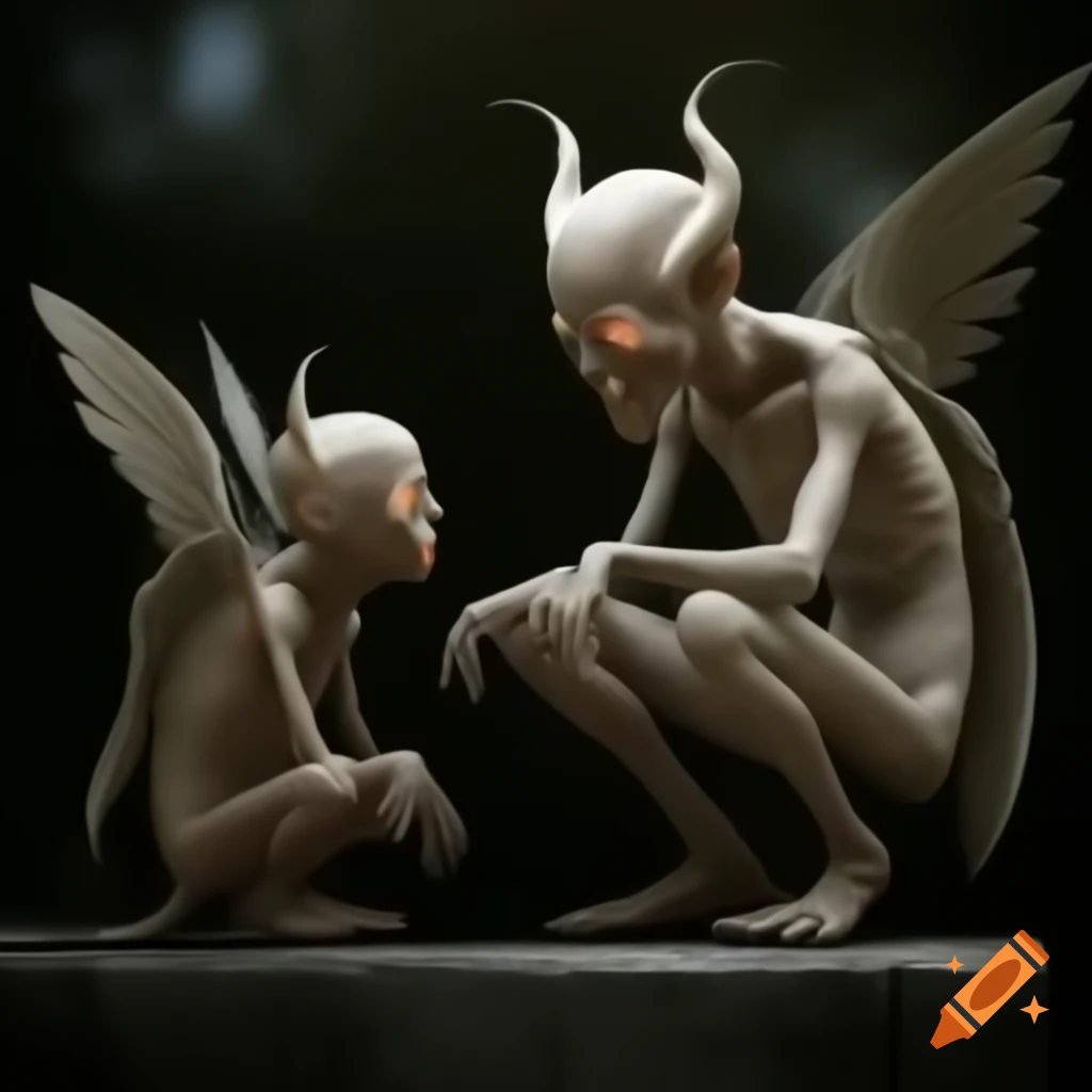 Demon and angel figures conversing