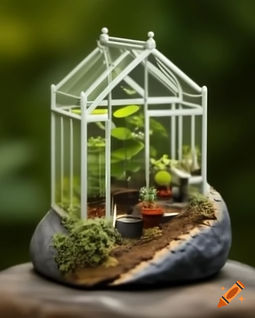 Miniature greenhouse with plants on a rock, detailed diorama photography