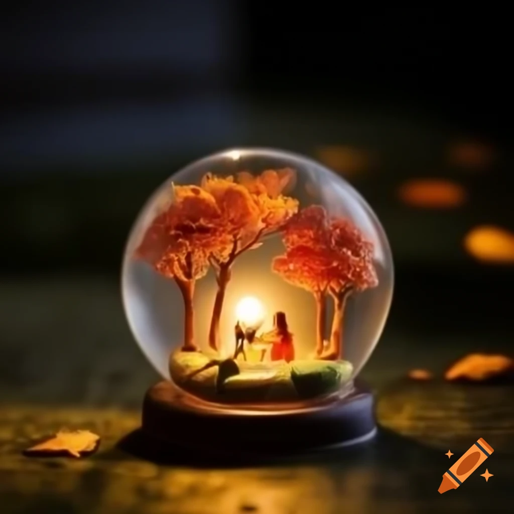 Miniature autumn forest in glass case with bright moon at night