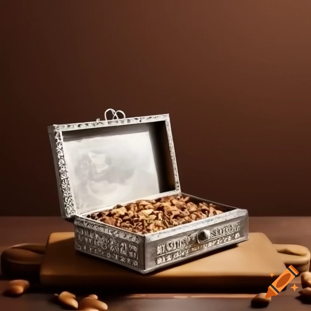 Luxury antique silver fruit box with almonds and cashews on wooden surface