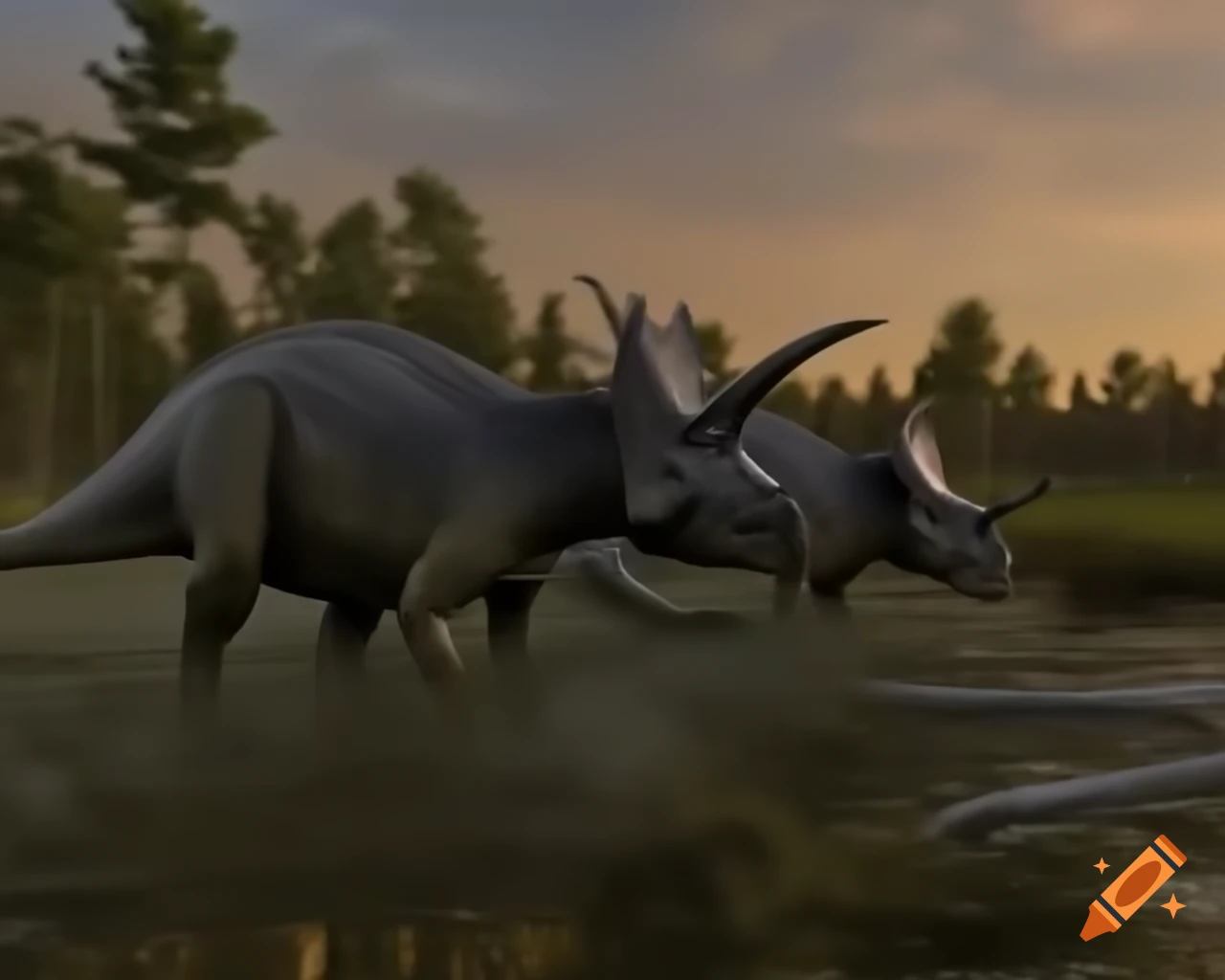 Three Styracosaurus in cinnamon and grey stripes walking through puddly marshland at golden hour