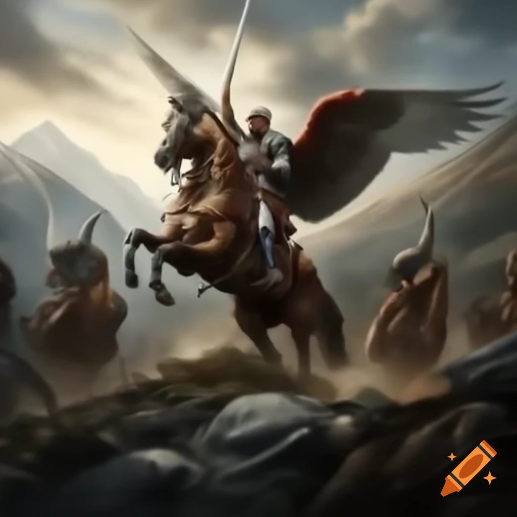 Winged hussars charging down mountainside towards Ottoman army
