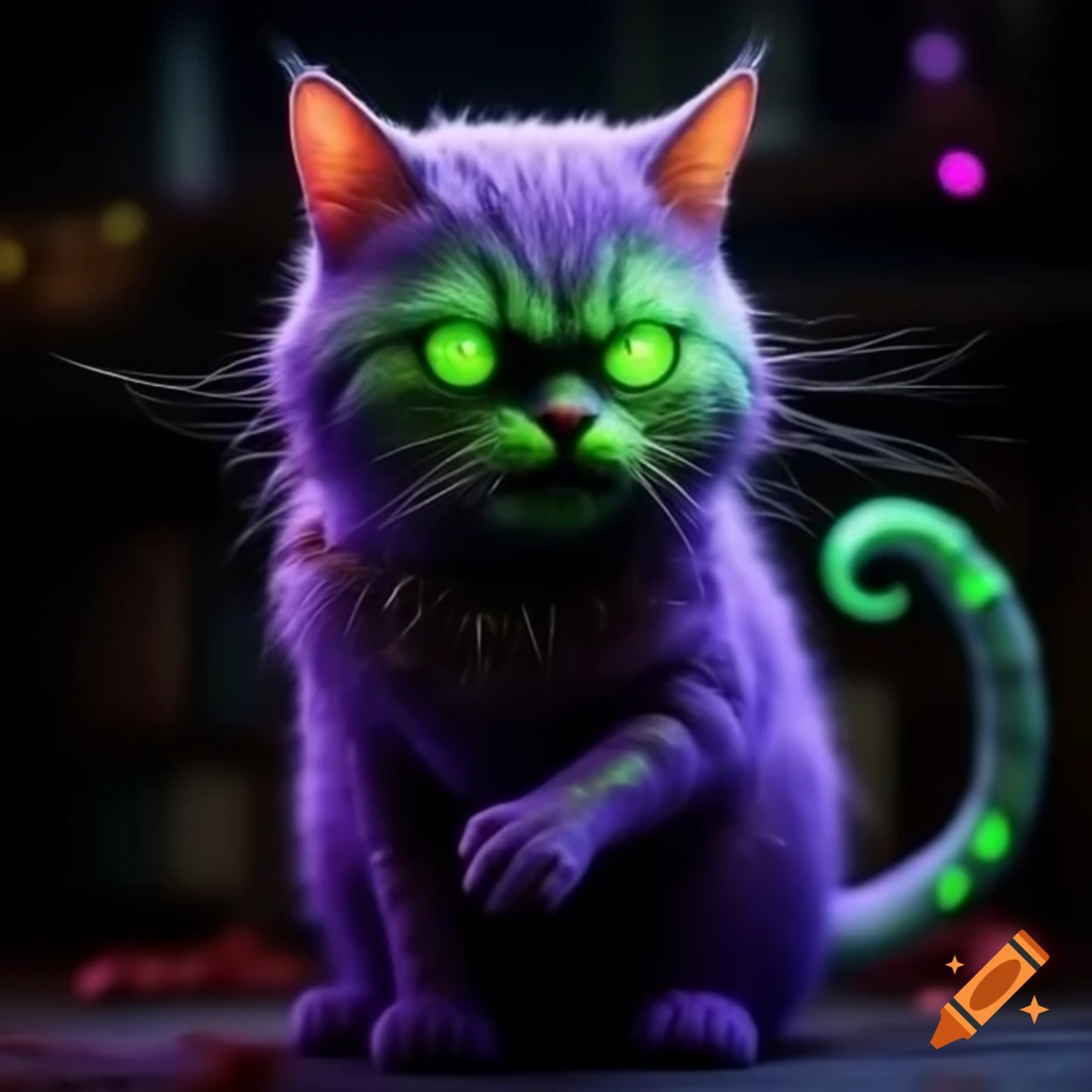 Detailed depiction of a purple punk, green glowing half-cat half-monster dancing in horror theme