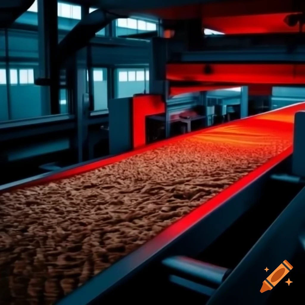 Factory conveyor belt transporting almonds with overhead lighting system