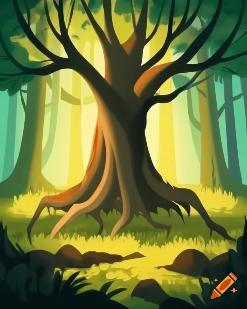 Majestic oak tree with large roots in a light forest