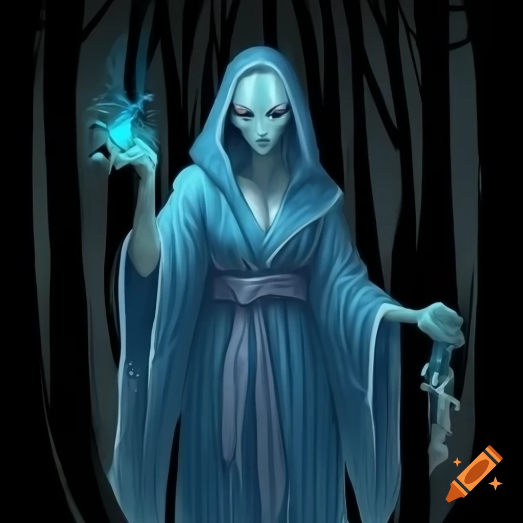 Zombie lady wizard by frozen lake in dark forest, Magic: The Gathering
