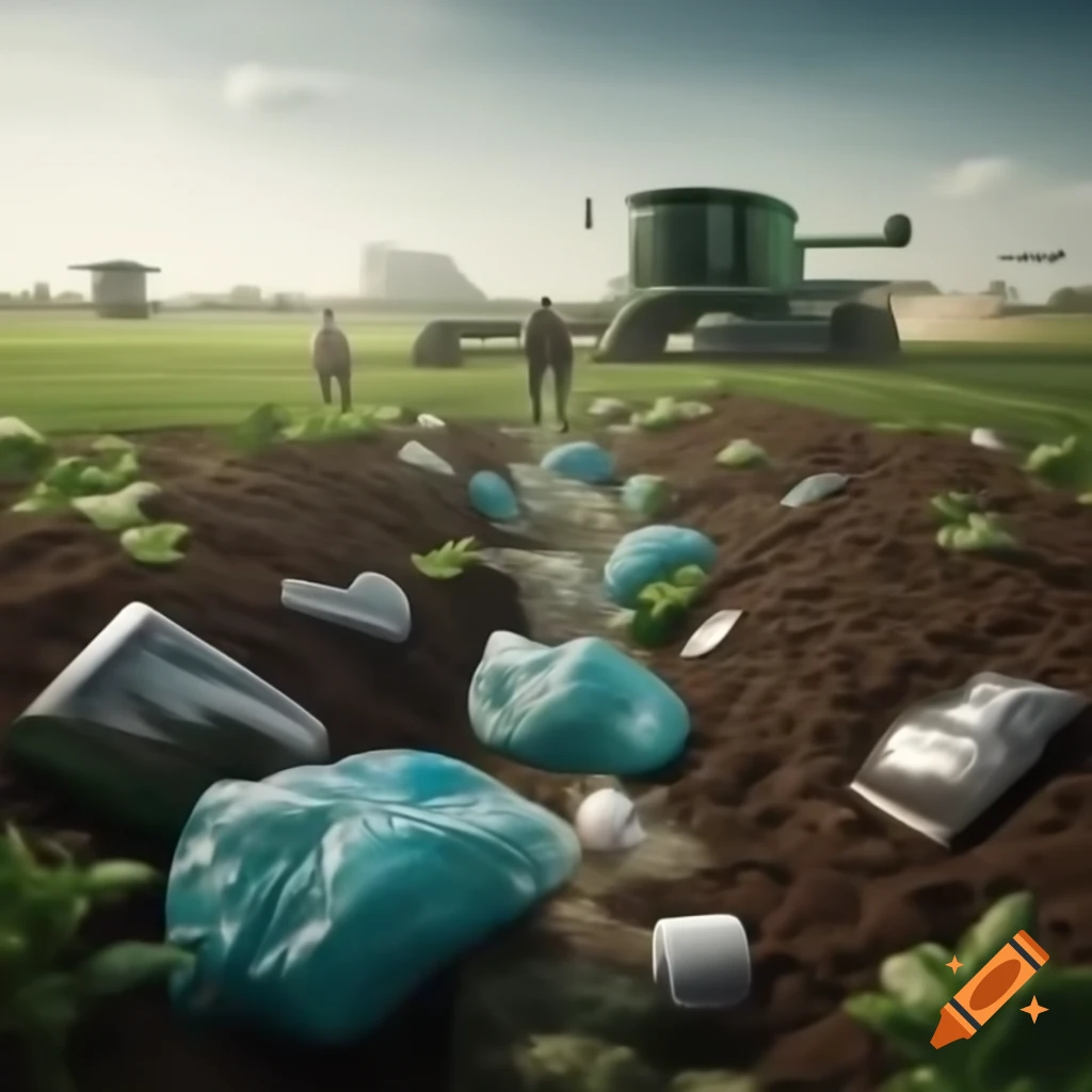 Dystopian agricultural landscape with plastic litter and futuristic farming machines
