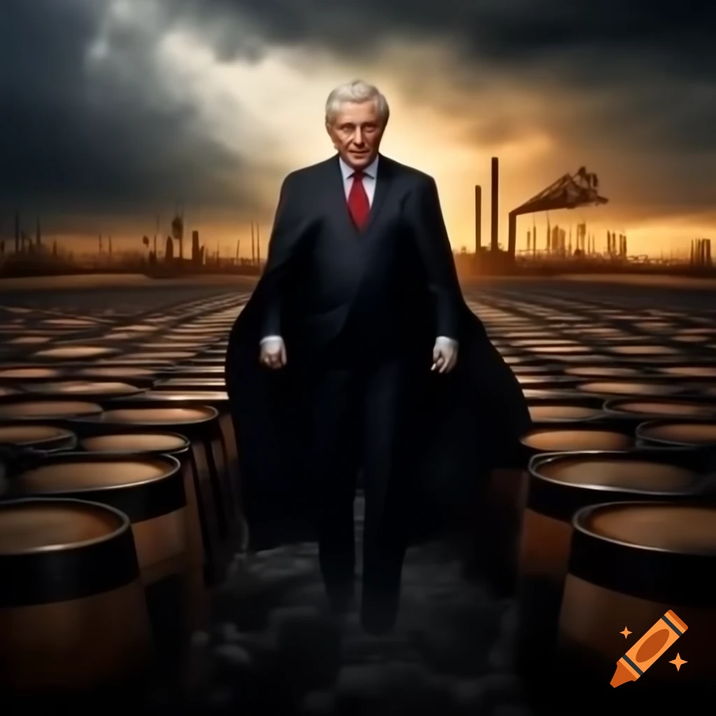 Villainous oil tycoon 'The Oil Baron' in dark suit and cape atop oil barrels