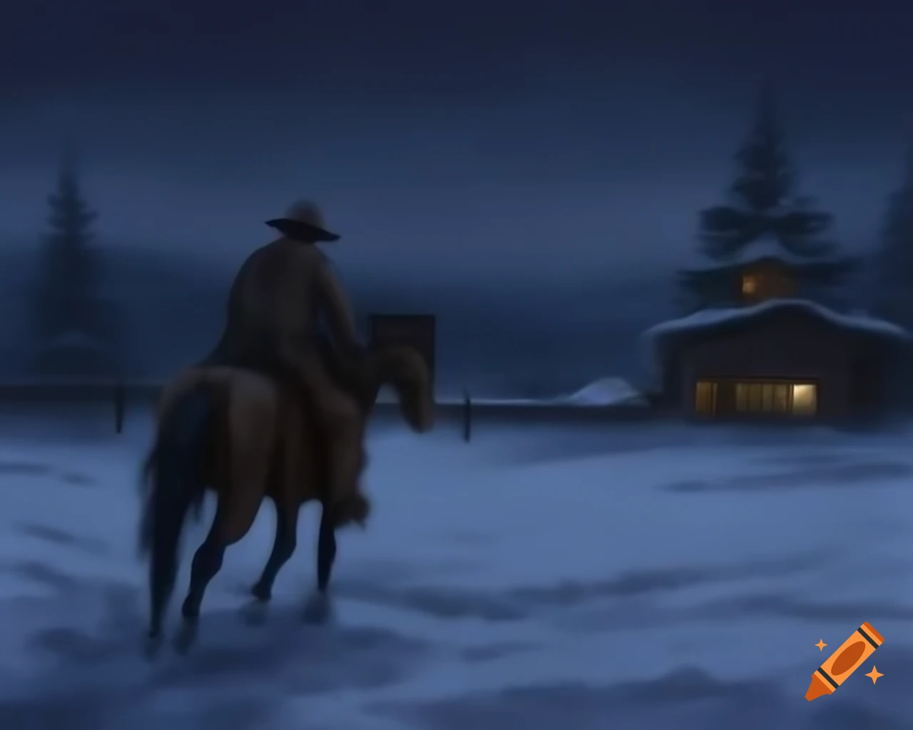 Rugged cowboy in snowy field riding grey horse with Christmas tree lights in background, oil painting