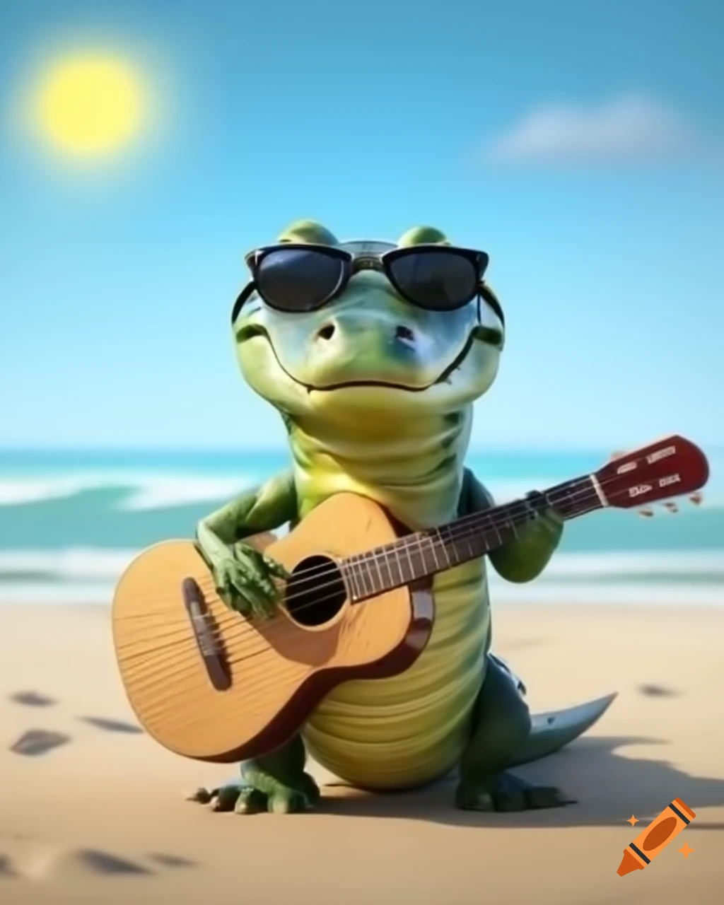 Cheerful crocodile wearing sunglasses and playing guitar on beach