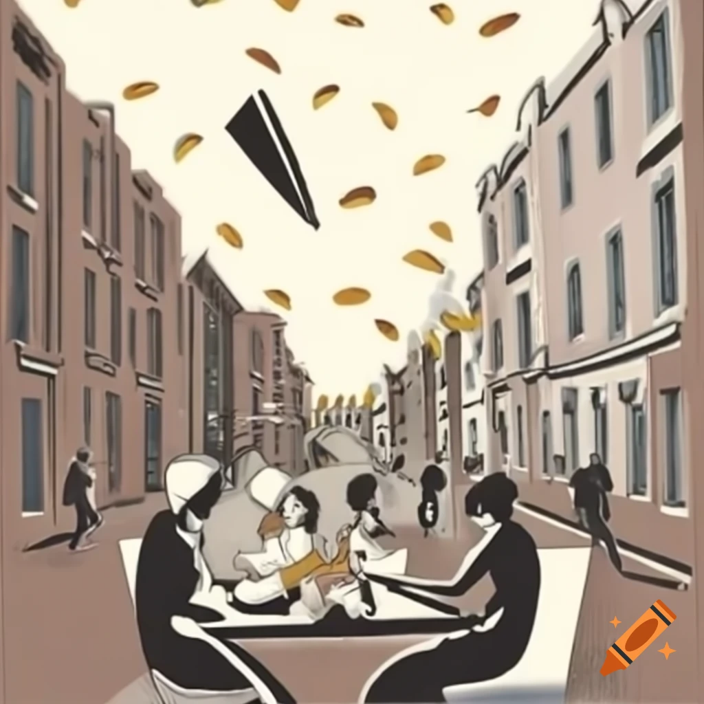 Group of people at desk on stormy street surrounded by tall buildings with flying papers