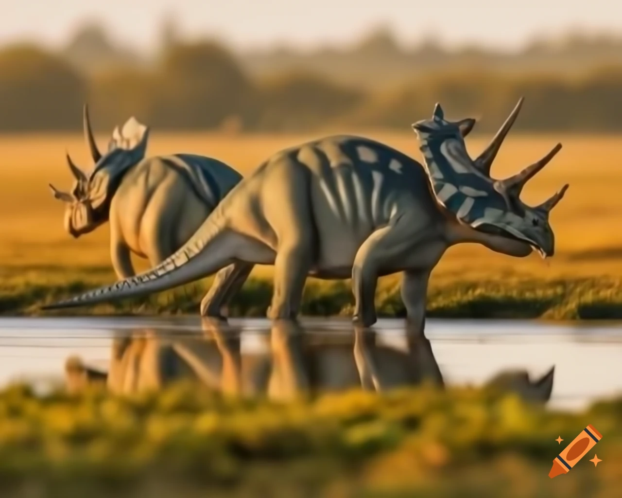 Styracosaurus in cinnamon and grey stripes walking through puddly marshland at golden hour