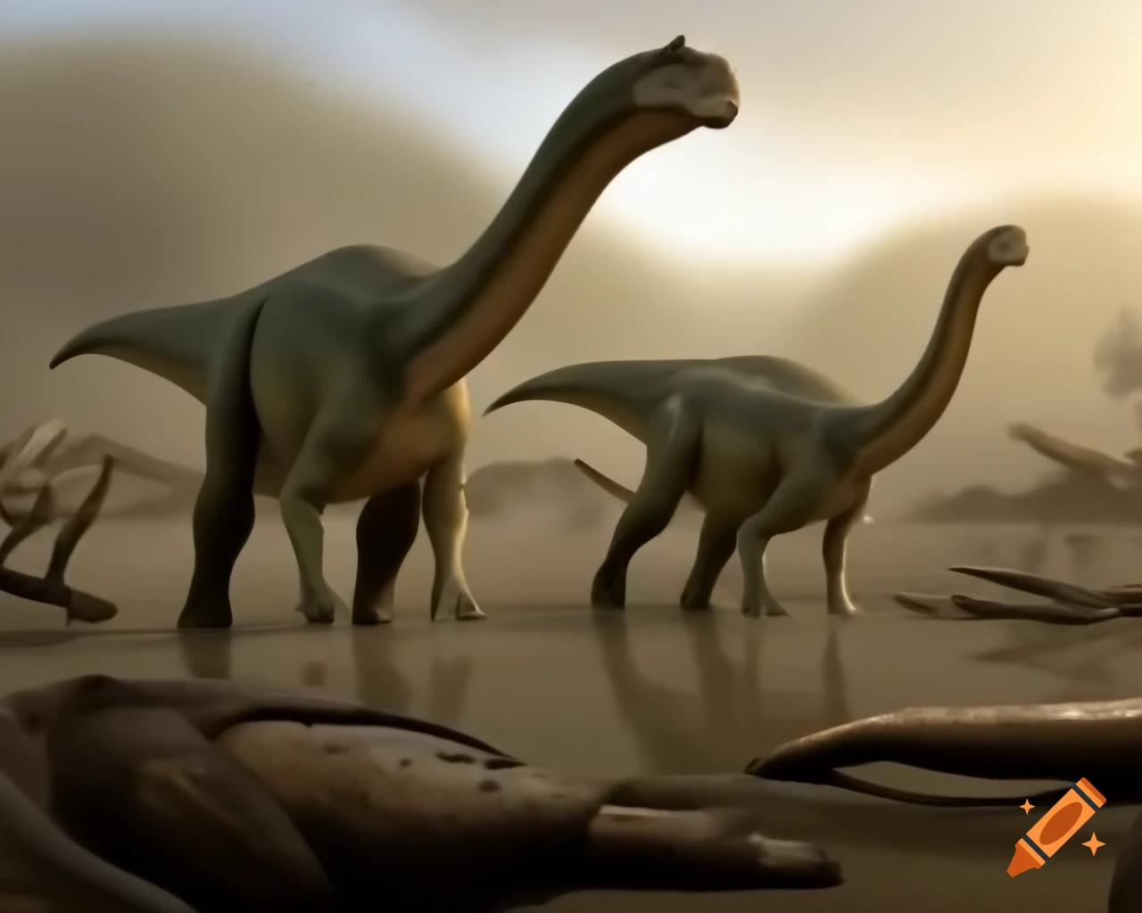 Cinnamon-colored striped Hadrosaurus dinosaurs in mudflat with driftwood