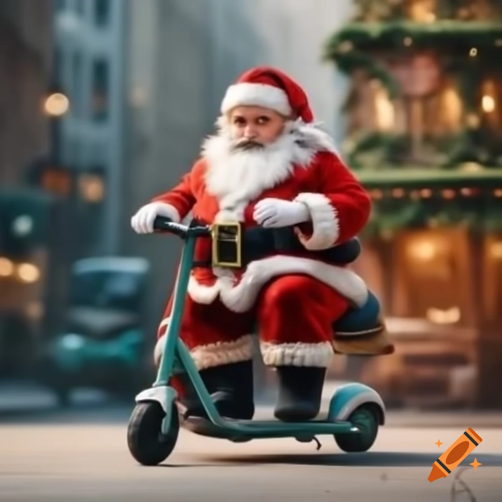 Santa Claus riding an electric scooter