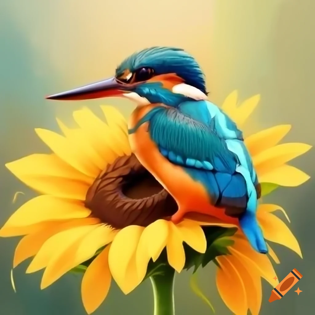 Common Kingfisher perched on sunflower