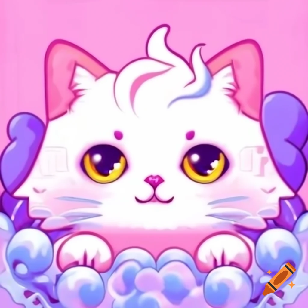Cute girly kitten in pink and purple anime cartoon style
