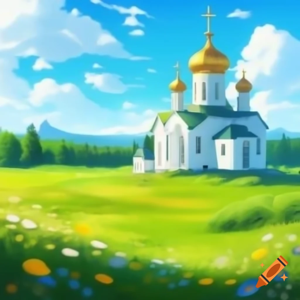 Beautiful plain with meadow flowers and forest, featuring white Orthodox church with golden domes