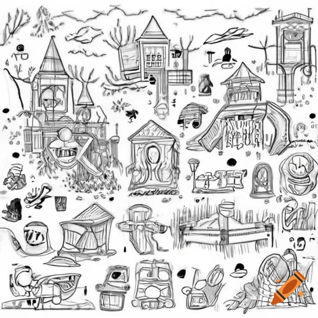 Detailed coloring sketch featuring creepy kawaii and cute spooky outdoor scenes