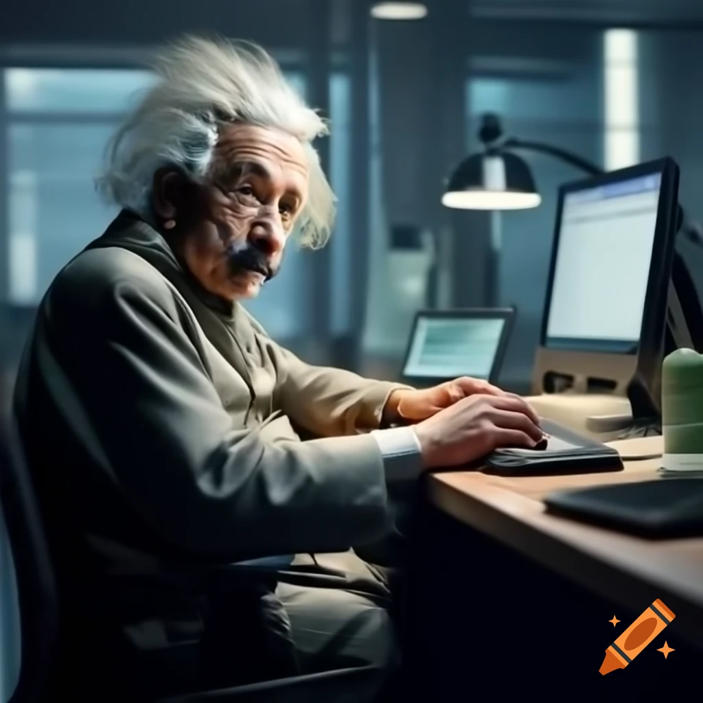 Albert Einstein at a computer workstation in a modern office setting