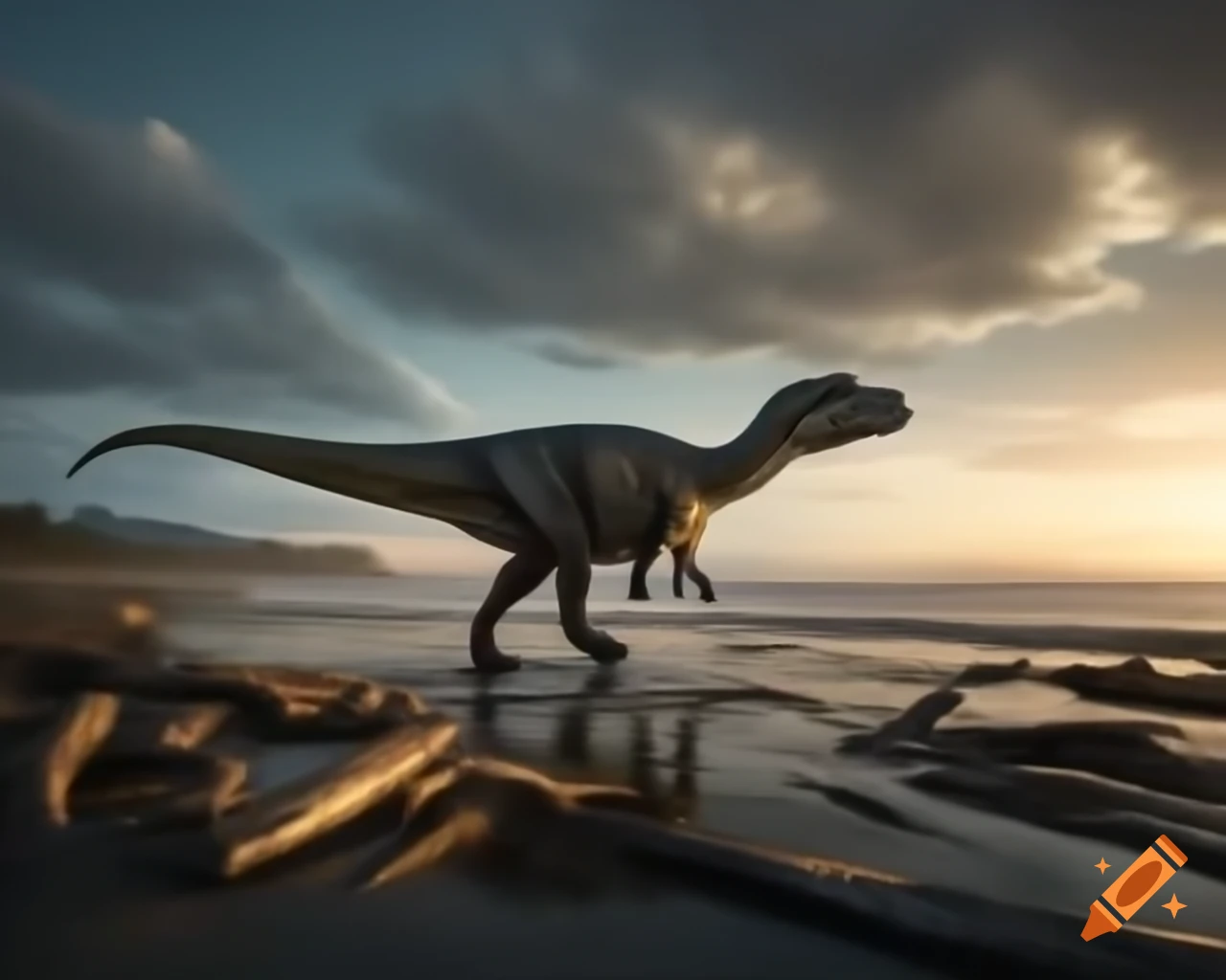 Hadrosaurus dinosaur walking along British Columbia coast at golden hour