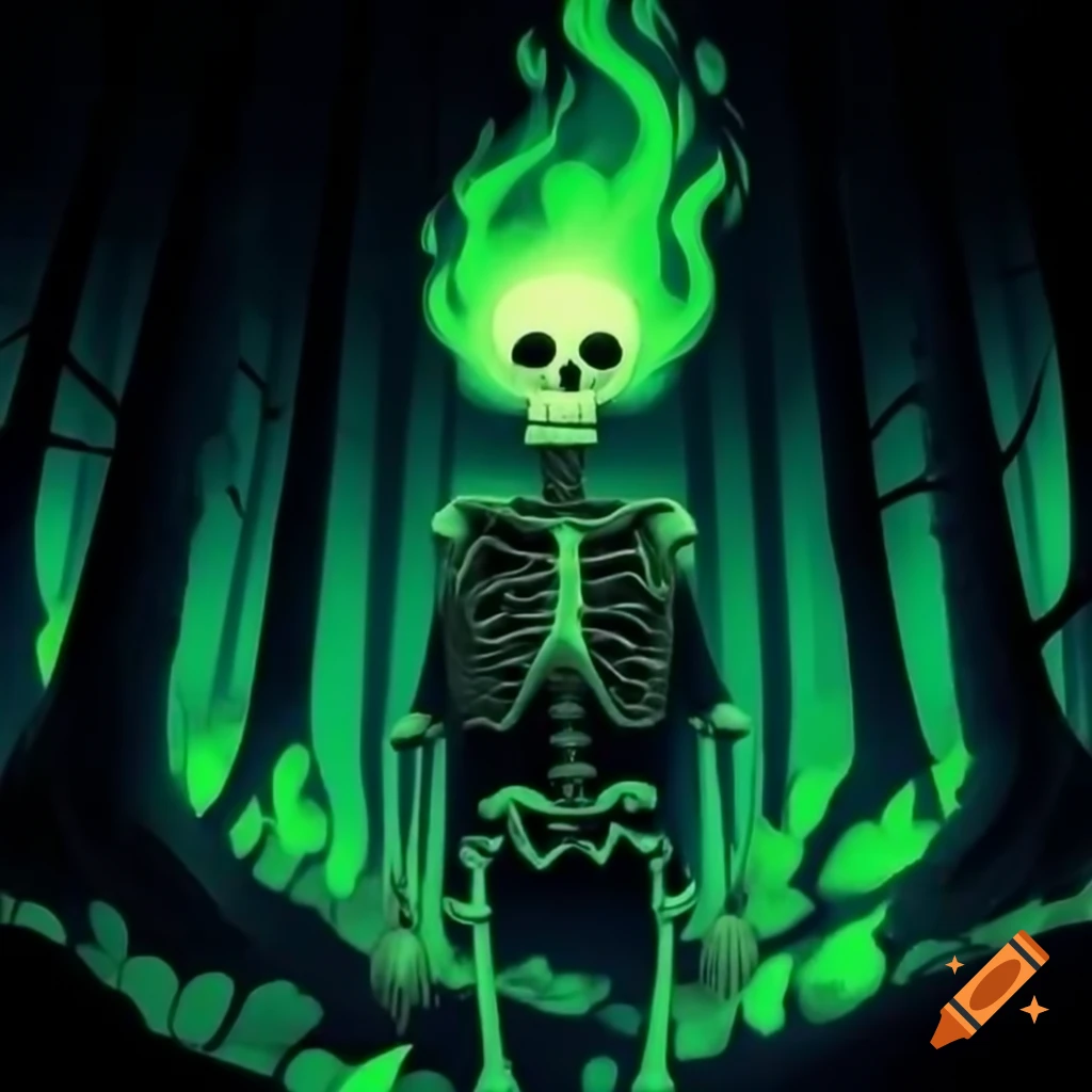 Skeleton surrounded by green flames in a neon forest