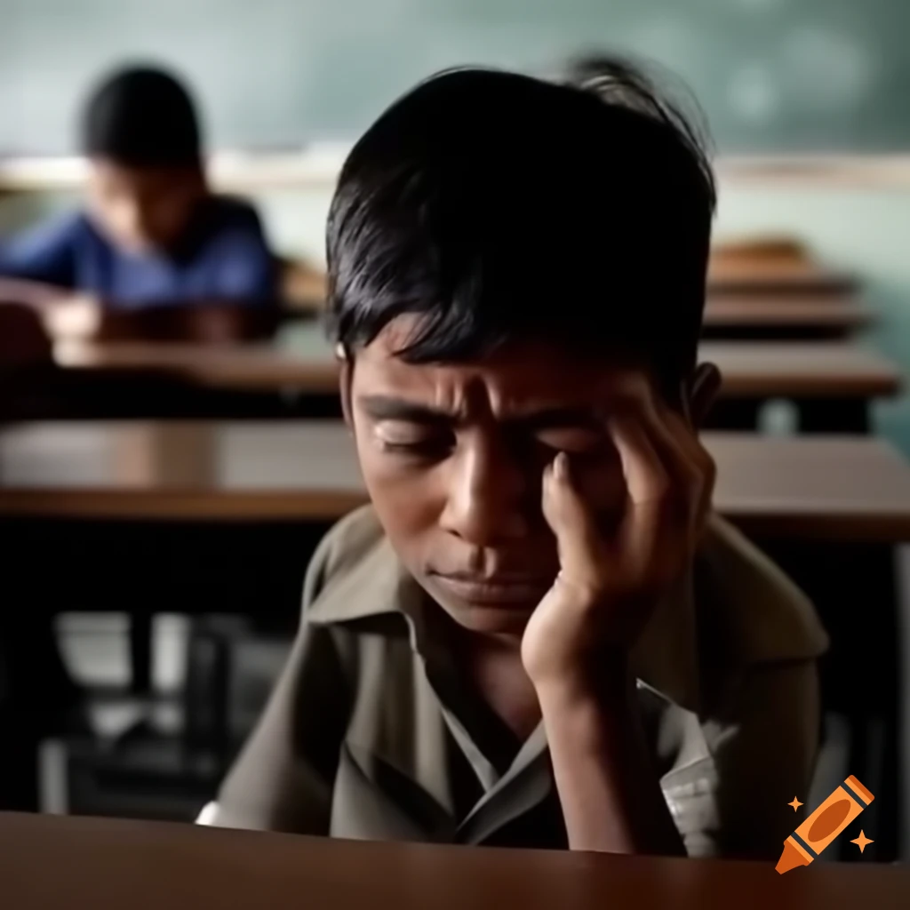 South Indian boy crying in classroom setting