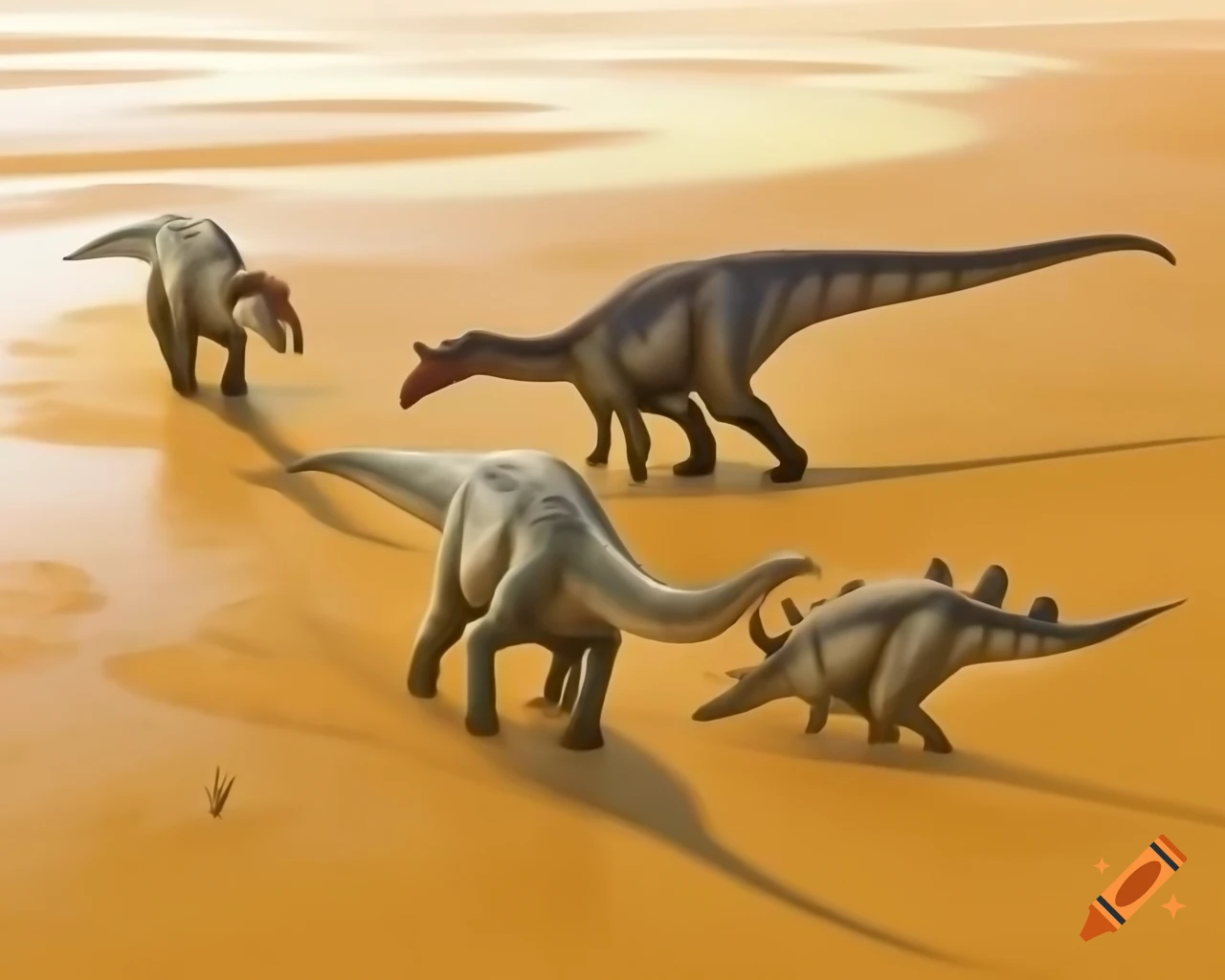 Cinnamon-colored Hadrosaurus dinosaurs in muddy flat with driftwood in bright morning light