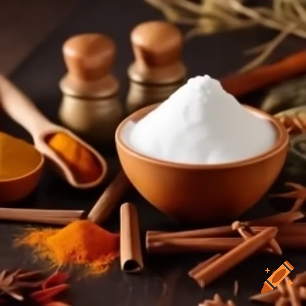 Bowl of sugar alongside spice shakers