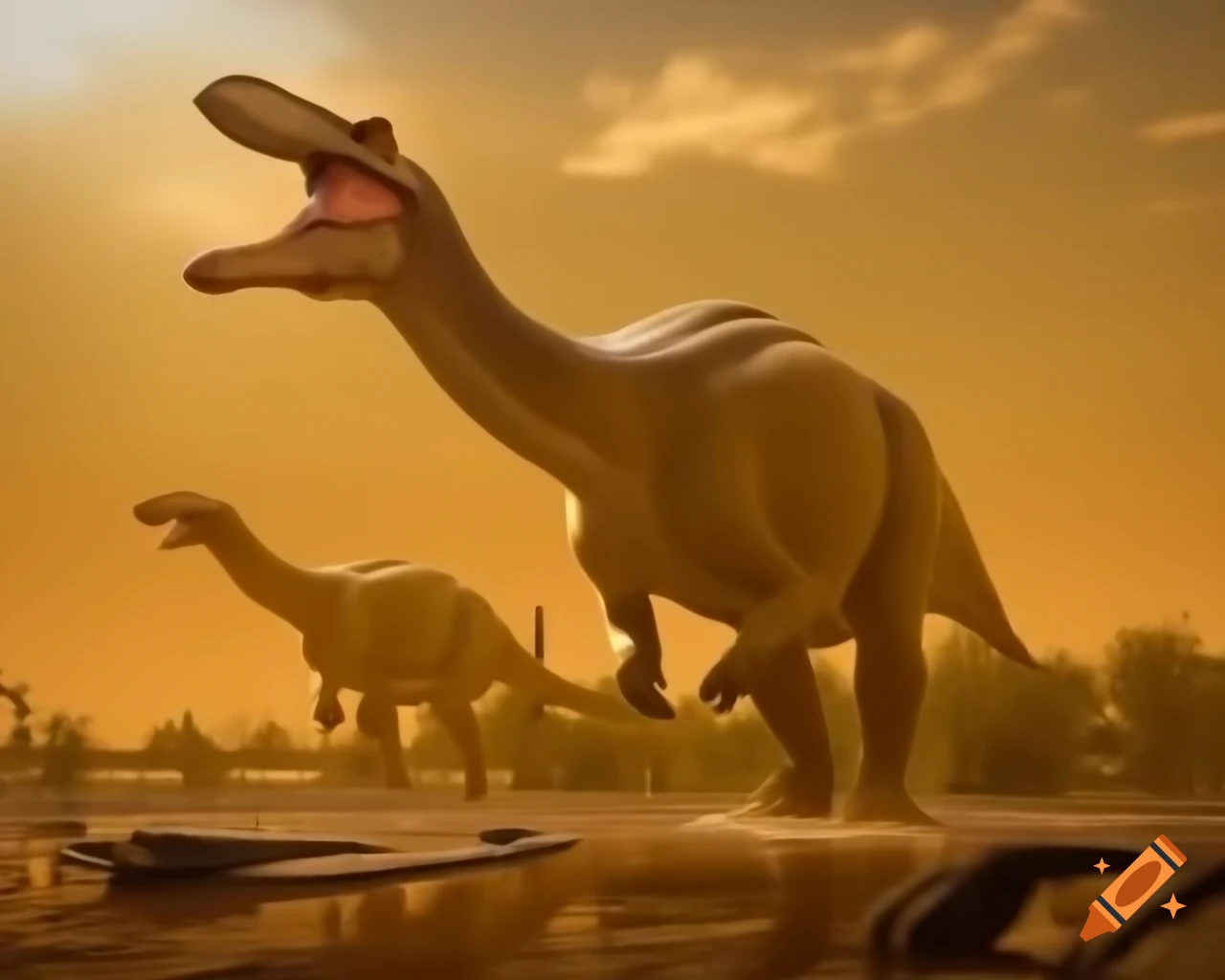 Three cinnamon-colored Hadrosaurus dinosaurs in a muddy flat with driftwood