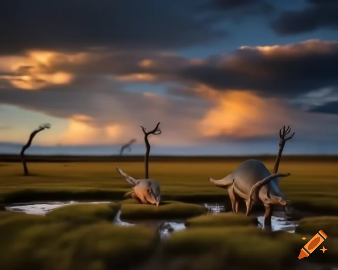 Styracosaurus crossing marshland with dead trees in British Columbia, golden afternoon light