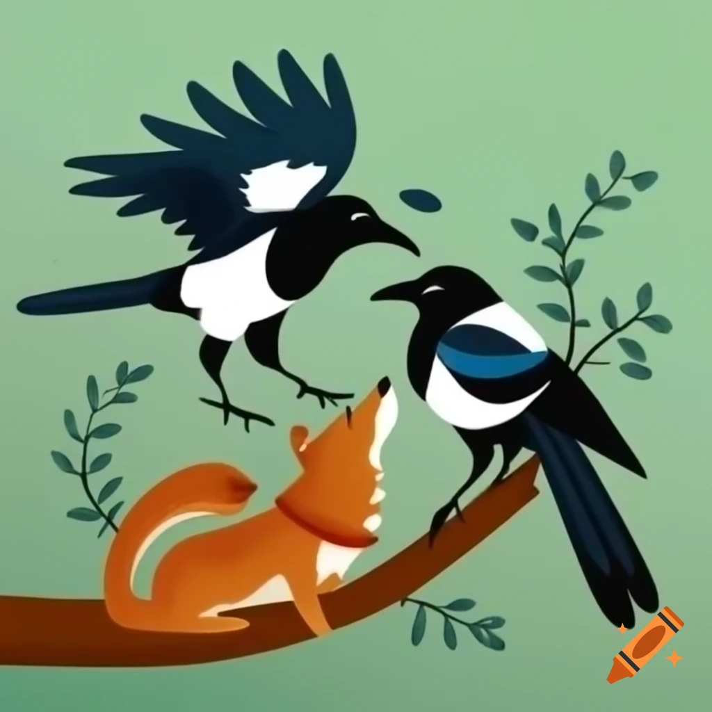 Magpie and crow on a branch with a dingo nearby