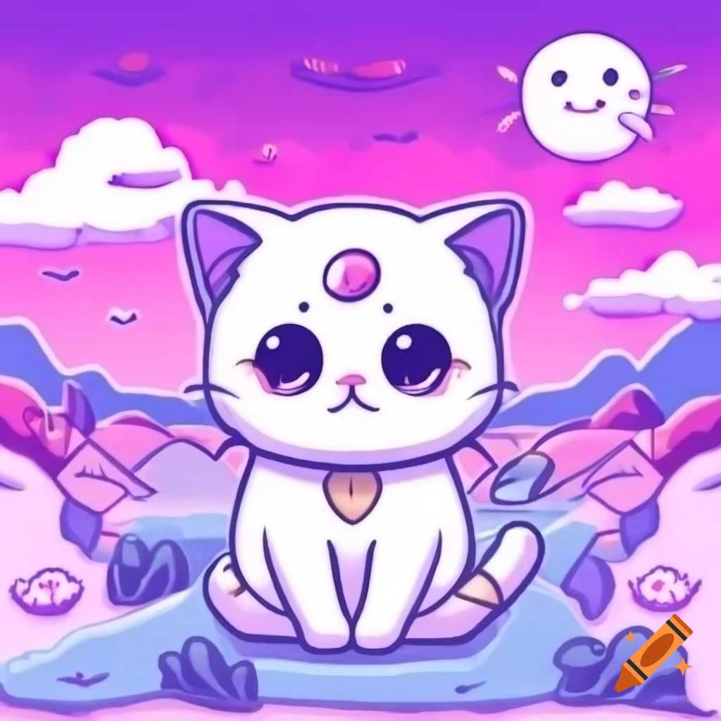 Cute girly kitten in pink and purple scenery, anime cartoon style