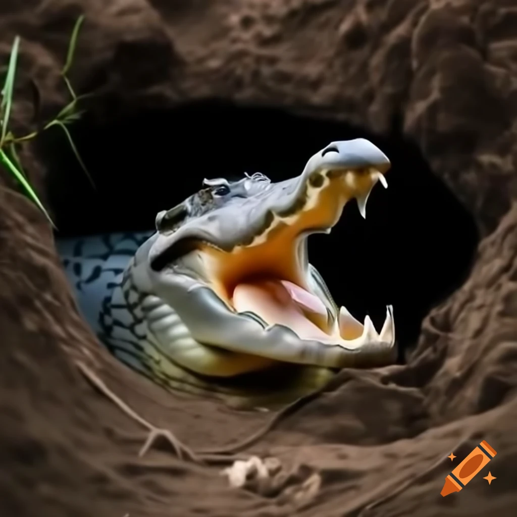 Alligator climbing out of vertical hole with mouth open