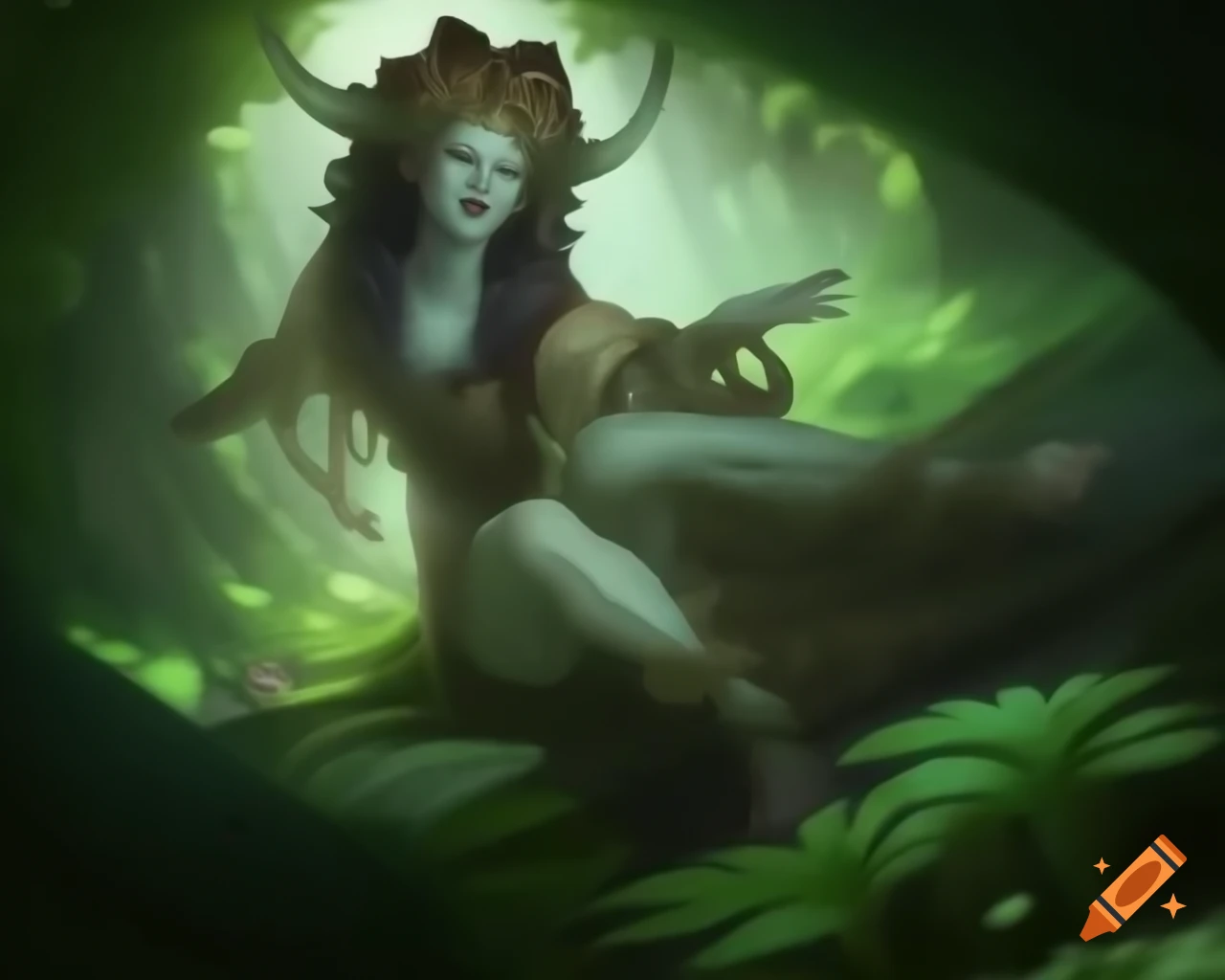 Powerful goddess of the wild in lush forest during ancient legends