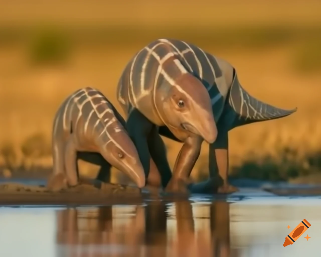 Iguanodon moving in marshland during golden hour with driftwood