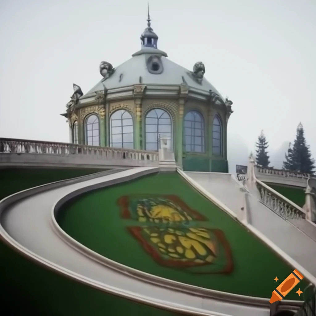 Victorian garden entrance with curved stairs and dome, inspired by Monet