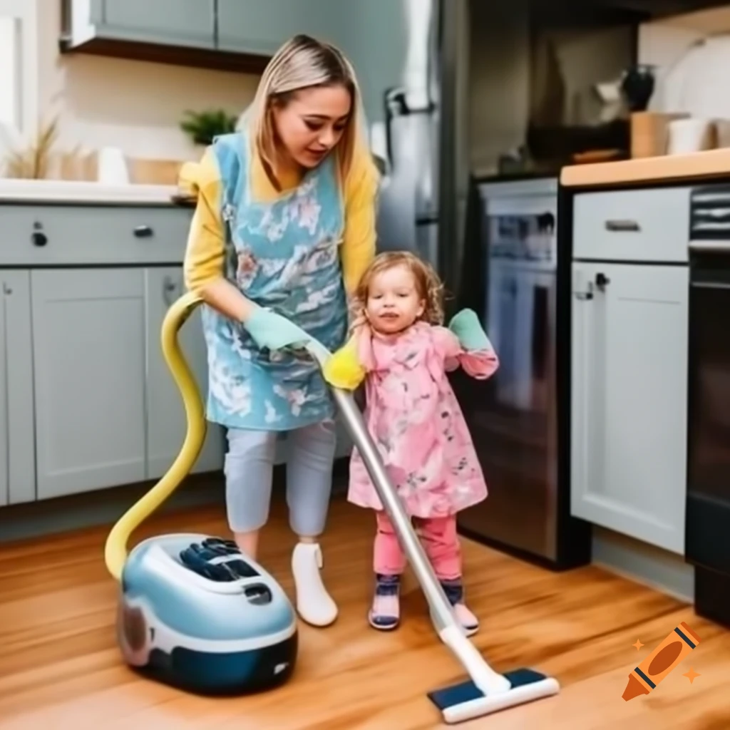 Caucasian mother and daughter vacuuming kitchen floor in colorful aprons