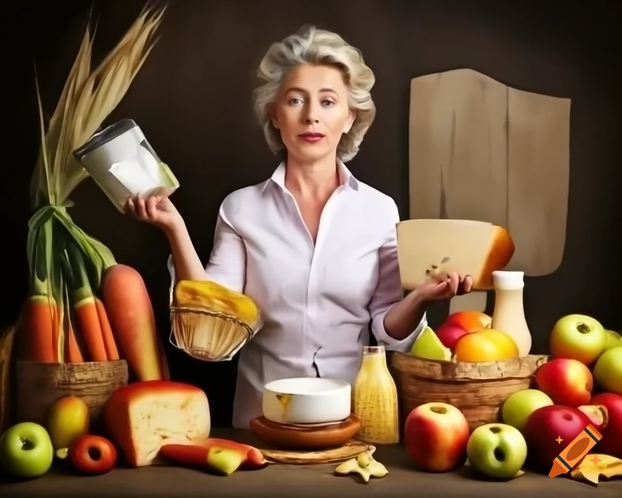 Ursula von der Leyen holding agricultural products with various items in the background