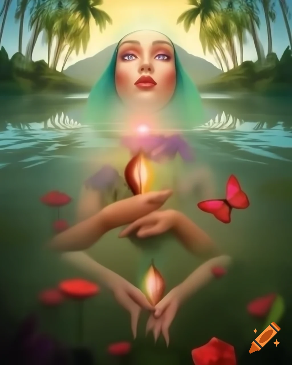 Mystical woman with surreal jeweled wig and freckled face in ancient tales